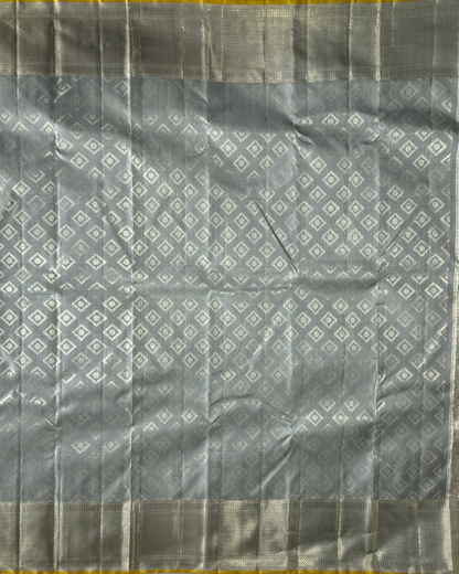 Light Grey and Silver Kanchipuram Silk Saree with Diamond Motif Blouse
