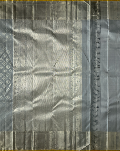 Light Grey and Silver Kanchipuram Silk Saree with Diamond Motif Blouse