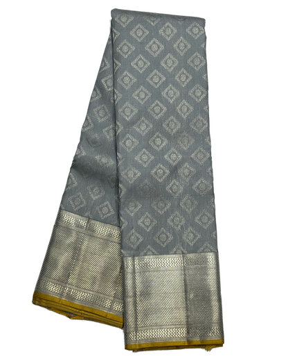 Light Grey and Silver Kanchipuram Silk Saree with Diamond Motif Blouse